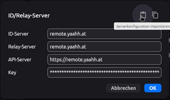 RustDesk-Dialog für ID-Server, Relay-Server, API-Server und Konfigurationsschlüssel
