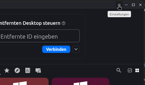 RustDesk-Hauptfenster mit hervorgehobener Schaltfläche für die Einstellungen